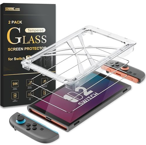 STARTRC GAMES Lot de 2 films protecteurs d'écran en verre trempé pour Nintendo Switch 2, transparent, HD, avec kit d'alignement automatique, anti-rayures/anti-traces de doigts/0,3 mm/sans bulles