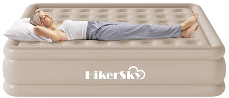 HikerSKY Queen Luftmatratze mit integrierter Pumpe, Einzel-Luftbett mit tragbarer Aufbewahrungstasche, geeignet für Zuhause und Gäste, Top-Beflockung, 45,7 cm, Queen-Khaki