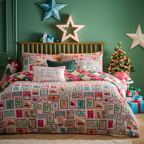 furn. Dear Santa Duvet Cover Set (Multicolour - Super King) | Reversible Festive Geometric Christmas Stamps Easycare Polycotton Bedding