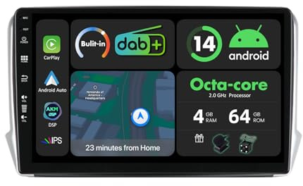 KECONSING [4G+64G] IPS 10.1 Android 14 Autoradio Für Peugeot 2008 208 (2012-2018) mit navi Octa Core-[Eingebauter DAB+/CarPlay/Android Auto/DSP/GPS/Bluetooth 5.0/WLAN/USB