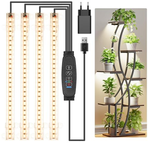 Czoumu Vollspektrum 3500K LED-Pflanzenwachstumsstreifen – 4 Köpfe, 22cm, 3/9/12h Timer, 10 Dimmstufen, ideal für Keimlinge, Sukkulenten, Pflanzenregale und Gewächshäuser, 1er-Pack