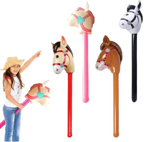 XPEX 4 Stück Aufblasbares Pferd,Steckenpferd Aufblasbar PVC-Spielzeug, Steckenpferd Kinder,Für Pferde-Motto-Geburtstagsfeier, Dekoration, Requisiten(Schwarz + Rosa + Rot + Braun)