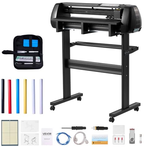 VEVOR Vinyl Cutter Machine, 28 inch Max Feed Width, Dual Blades, Adjustable Force and Speed, LED Display, Vinyl Plotter Cutter Printer Bundle with Sticker Sheets, Transfer Film, Signmaster Software