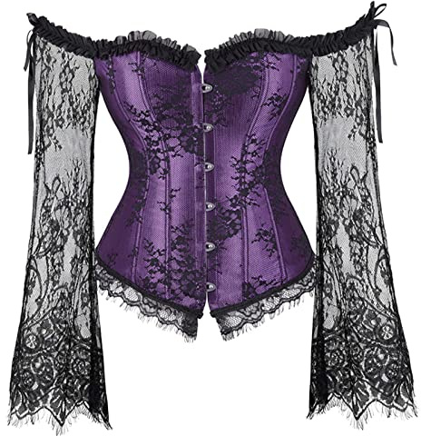Women's Gothic Corset Top Long Sleeve Satin Bustier with Lace Detail, Vintage Inspired Boning Corset, Retro Style Blouse for Party & Evening Wear