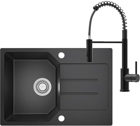 Anycee Granit Évier Noir 78x45 cm, 80% Sable Quartz Évier Cuisine 1 Bac