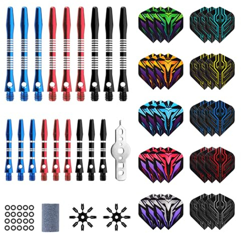 Dart Zubehör Set, 30 Dart Flight, 18 Dart Shafts Aluminium, 20 O Rings, Dart Schleifstein, Darts Schäfte Dartflights Dartzubehör