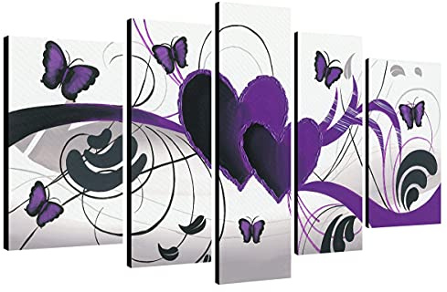 Wieco Art - Purple Love Butterfly 5 Panels Modern 100% Hand Painted Abstract Oil Paintings Artwork on Stretched and Framed Canvas Wall Art Ready to Hang for Wall Decor Home Decoration