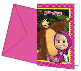 Procos 86562 - Einladungskarten mit Umschlag Mascha und Bär, 6 Stück, Kindergeburtstag, Mottoparty