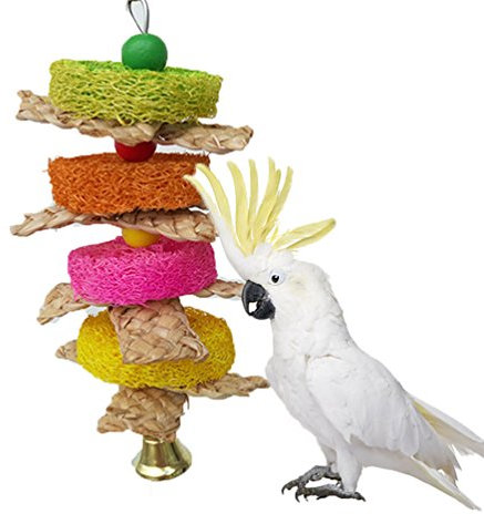 Juguete de lufa natural y paja trenzada para loro, guacamayo, gris africano, periquitos, cacatúa