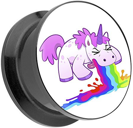 Piercingfaktor Ohr Plug Flesh Tunnel Piercing Ohrpiercing Kunststoff Schraub Schraubverschluß mit Picture Motiv kotzendes Einhorn 10mm
