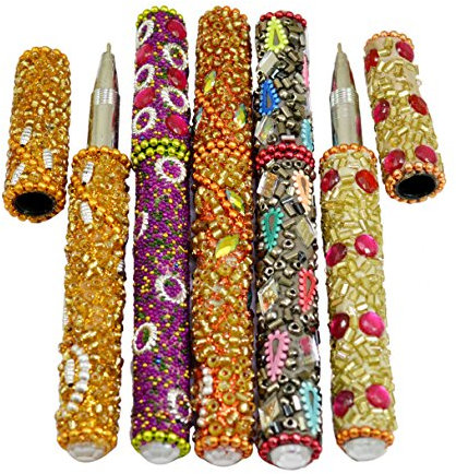 A Set Of 5Pcs Indian Handmade Home Decorative Useful Blue Pens 13cm Multi Colour