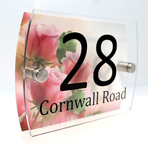 CS Printing Pink Roses Personalised House Number Plaque Glass Effect Acrylic Sign Door Plate Wall Display 2 Part Branded Acrylic (Pink Rose)