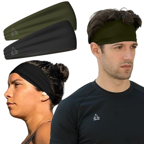 Value 2-Pack, Mens Headband - Guys Sweatband & Sports Headbands Moisture Wicking Workout Sweatbands for Running, CrossTrain, Skiing and bike helmet friendly - Value Pack 1-Black & 1-OD Green Sweatband