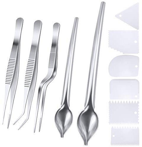 SelfTek 5 pièces Pinces de Cuisson en Acier Inoxydable Pinces de précision avec Embouts dentelés, cuillères à Dessin culinaire et Ensemble de Cales de placage en Plastique de 6 pièces