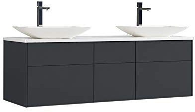 StoneArt Badmöbel Set Mineralguss Waschbecken Waschschale Aufsatzwaschbecken und Unterschrank Waschtisch Einzel- oder Doppelwaschbecken Venice VE-1610pro-1 dunkelgrau 160cm