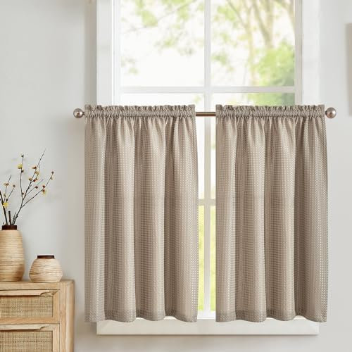 TOPICK Blickdicht Scheibengardinen Küche Braun Bistrogardine mit Tunnelzug Gardinen Kurz mit Waffel Muster Halbtransparente Küchengardinen für Kleine Fenster Wohnmobil Landhaus 2er Set 90Bx115H cm