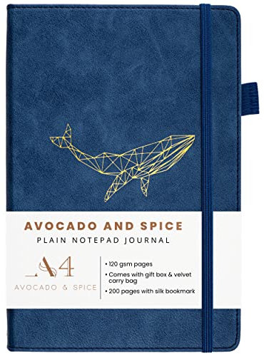 Avocado & Spice A4 Schlicht Notizbuc mit Geschenkbox & Samtbeutel – Kunstleder Hardcover A4 Liniert Notizbuch und Blanko Notizbuch - Lesezeichen, Elastikband, Stifthalter, 200 Dicke Seiten (Blau)