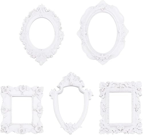 FINGERINSPIRE 5 Stück Vintage-Bilderrahmen aus Kunstharz (5 Größen), Retro-weiße Blume, oval, rechteckig, ohne Glas, Tisch-Schmuck-Display-Rahmen für Fotografie, Zuhause, Weihnachtsdekoration