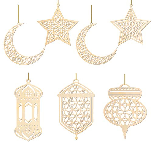 7PCS Ramadan Kareem Ornement à Suspendre en Bois avec des Cordes, 3D Creux Ramadan Islamique Musulman Pendentif Décoration, Lune Étoile Vent Lumière Forme pour Eid Mubarak DIY Décoration de La Maison