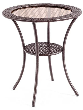 COSTWAY Rattan Coffee Table, Patio Bistro Table with Tempered Glass Top and Storage Shelf, Outdoor All-Weather Wicker Side Dining Table for Garden Balcony Deck Poolside (Brown, Round Tabletop)