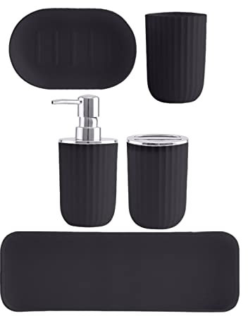 LOVIVER Badezimmer-Accessoires-Set aus Kunststoff, Becher, Lotionspenderflasche, Zahnbürstenhalter, Seifenschale, Tablett, Moderne Badeutensilien, Dekoration, Schwarz