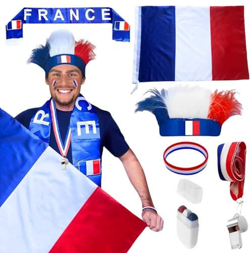 Kit Supporter Equipe de France 6 Accessoires - 1 Drapeau Francais + 1 Bandeau Perruque + 1 écharpe + 1 Maquillage Bleu Blanc Rouge + 1 Bracelet + 1 sifflet avec Cordon Tricolore