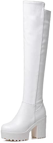MJIASIAWA Donna Tacco Chunky Plateau Sopra Il Ginocchio Boots Zip Punta Rotonda Moda Thigh Stivali Equitazione Warm Bianco Numero 38 EU/39 Asiatico
