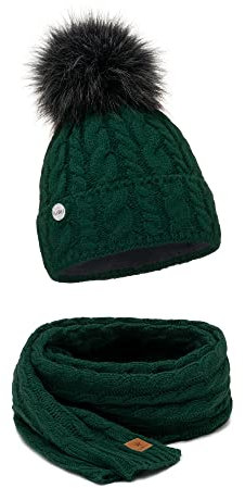 ELIMELI® Mütze Schal Damen Winter Kombi Set - Warme Strickmütze Mit Bommel und Passender Schal - Slouch Strick Beanie Bommelmütze (Grün - Set)