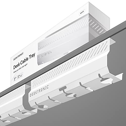 Desktronic Lot de 2 goulottes de câbles de Bureau en Acier Inoxydable avec 5 découpes de câbles - Organisateur de câbles Facile à Installer - Support de câbles - Blanc