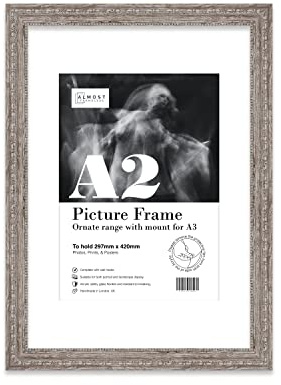 Almost Frameless A2 Walnut Ornate Picture Frame With White Mount for A3 (29.7 x 42cm - 11.7 x 16.5in) Poster, Photo, Artwork, or Print. Antique Style Portrait and Landscape Display with Wall Hooks
