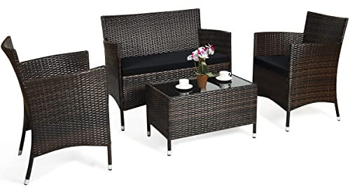 COSTWAY Salon de Jardin 4 Pièces en Rotin PE Charge 160-320KG, Ensemble de Meubles d'Extérieur avec Coussins et Table Basse en Verre Trempé pour Patio Balcon Terrasse, Marron+Noir