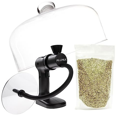 Allpax 3-teiliges Räucherset - Räucherpistole inkl. Glasglocke (24,5 cm) und Räucherchips (Ahorn), Smoking Gun, Mini Smoker, Rauch-Infuser