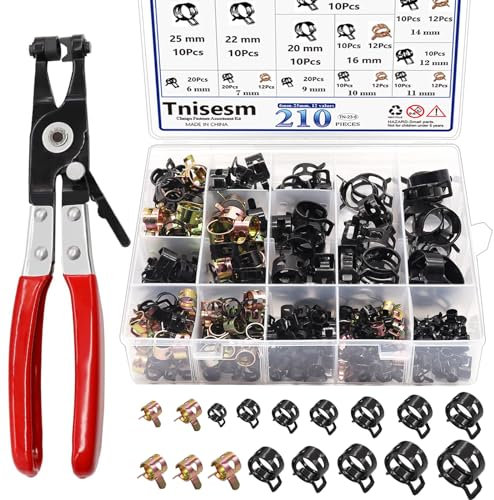 Tnisesm 210Pcs 6-25mm Spring Band Hose Clamps Assortment kits with Swivel Flat Hose Clamp Plier, Spring Band Type Fuel Line Silicone Vacuum Hose Steel Clamp,Low Pressure Air Clip Clamp