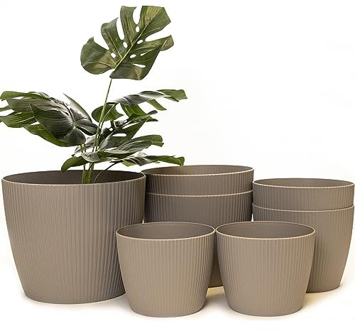 Home Garden Ornaments Plant Pots Indoor – Indoor Plant Pot Set of 7 Sizes (2 pieces in 14cm, 16cm, 19cm, and 1 piece in 22cm) Striped Decorative Flower Pots (Colour: Taupe)