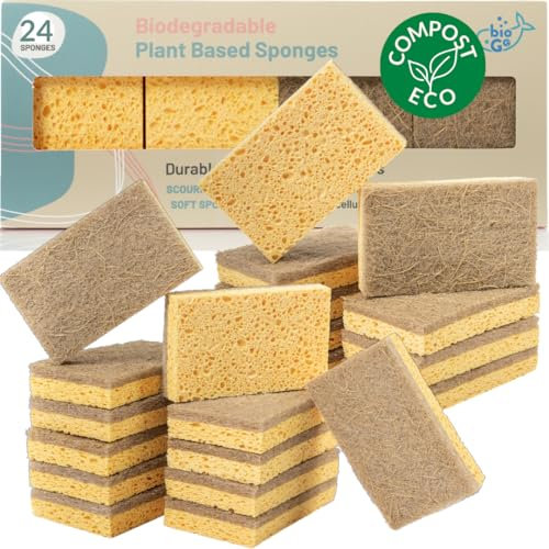 bioGo 24 Pack Biodegradable Kitchen Sponges - Eco-Friendly, Compostable, Natural Cellulose Dish Sponge - Washing Up - Biodegradable Kitchen