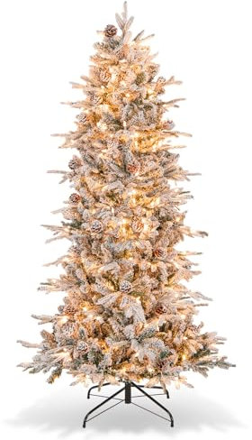 GYMAX Künstlicher Weihnachtsbaum 180 cm, Tannenbaum mit 36 runden Kiefernzapfen & 715 PVC- & PE-Spitzen, Kunstbaum Christbaum mit Schnee & 210 LED-Leuchten, für Zuhause, Büro & Einkaufszentrum