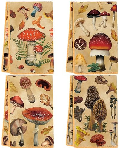 Preboun Set mit 4 Pilz-Geschirrtüchern, 40,6 x 61 cm, Polyester, Pilzfarbe, geometrisches Muster, Küchentuch, Handtücher