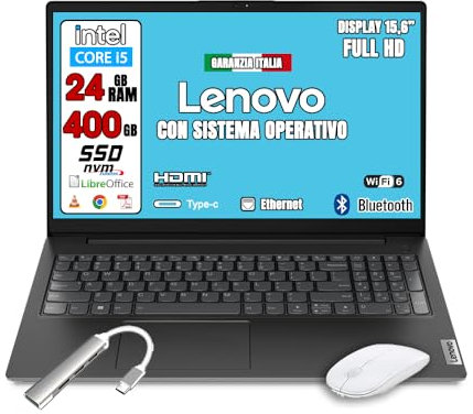 Lenovo Notebook Ram 16 GB CPU Intel i5-1342H Monitor 15.6 Full HD SSD 512 GB NVME, LAN, HDMI, USB Win 11 Pro + Office 365 E LETTORE DVD