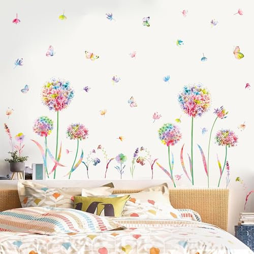KAIRNE Wandtattoo Pusteblume,Blumen Wandtattoo für Kinderzimmer Mädchen,Bunt Wandsticker Löwenzahn für Schlafzimmer,Pflanzen Blumen Wandaufkleber für Wohnzimmer Babyzimmer Küche Fenster Tür Wanddeko