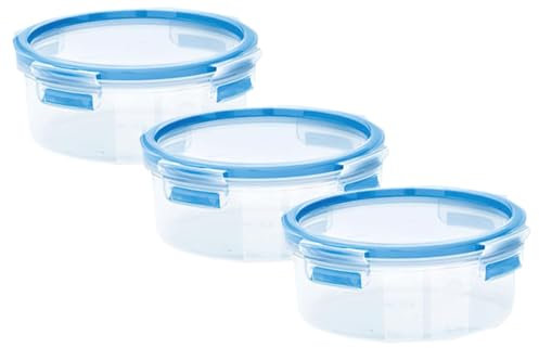 Emsa 508552 Clip & Close | Runde Frischhaltedose | mit Deckel | 0.85 Liter | Transparent/Blau (Packung mit 3)