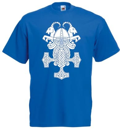 Textilfabrik Hering T-Hemd - Der alte skandinavische Gott Thor und der Hammer Mjolnir (Blau, L)