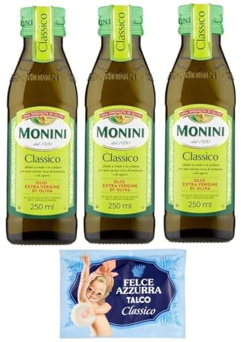 3er-Pack Monini CLASSICO Natives Olivenöl Extra,Olio Extra Vergine di Oliva,250ml Glasflaschen + 1er-Pack Kostenlos Felce Azzurra Talkumpuder, 100g-Beutel