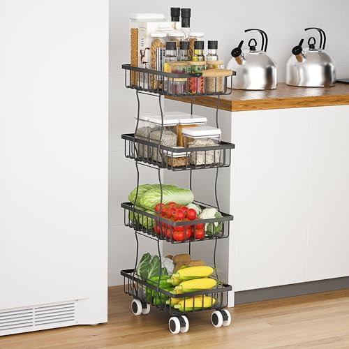 IBVIVIC Rollwagen Schmal, Nischenwagen 23 cm breit mit 4 Ebenen, Küchenwagen auf Rollen mit Griff und Bremsen für kleine Räume in Küche, Esszimmer, Badezimmer, Schwarz