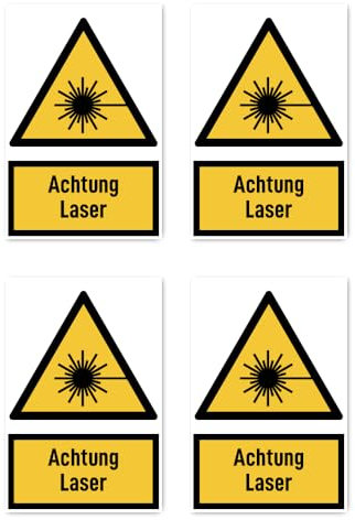 Aufkleber: 112.5x75 mm, 4 Stück - Achtung Laser - Warnzeichen mit Text (deutsch) (gelb/schwarz) - hochkant - W004 - DIN EN ISO 7010 / ASR A1.3