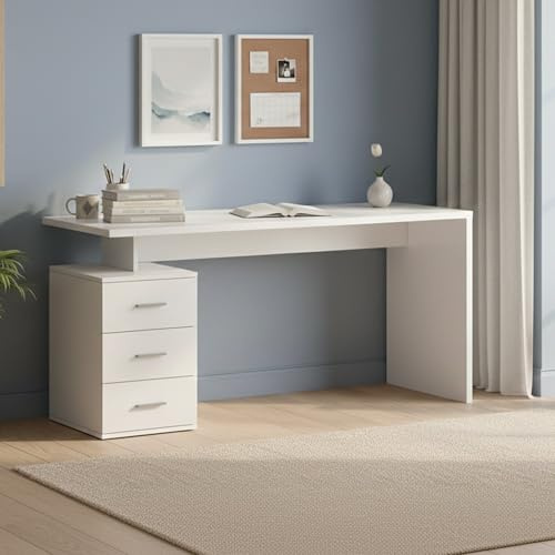 Dmora - Schreibtisch Siro, linearer Schreibtisch, Mehrzweck-Büroschreibtisch, platzsparender Schreibtisch mit Mehreren Positionen, 160x60h75 cm, Weiß