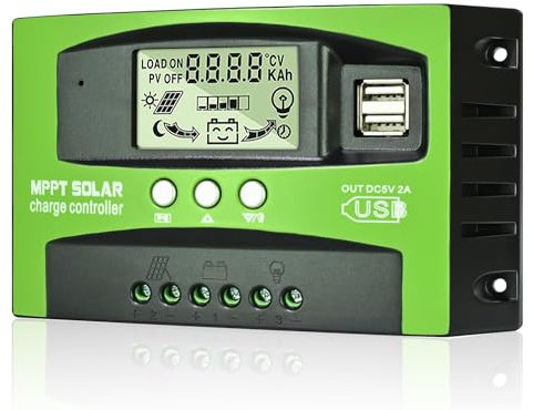 MPPT 80A Regolatore di Carica Solare 12V 24V Auto, Regolatore di Carica 80A MPPT con Sensore Temperatura e LCD Display 2 porte USB Adatto, per pannelli solari 12V 24V al Piombo e Litio Batterie