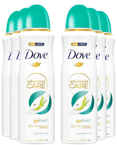 Dove Advanced Care Go Fresh Birne und Aloe Vera, mit feuchtigkeitsspendender und hautfreundlicher Formel, ohne Alkohol, trockene Haut bis zu 72 Stunden, Deodorant für Damen und Herren, 6 Stück à 200