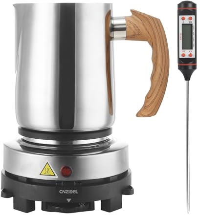 handysienda Candle Making Kit with Hot Plate for Adults, Candle make Set with wax melter for Beginners, 900ml Pouring Pot Pitcher, Thermometer, Candle Making Tool Accessories (Faux Wood Grain Handle)