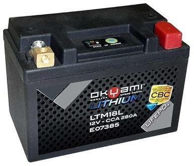 OKYAMI LTM18L-CBC Batterie Moto Lithium Préchargée - E07385-280CCA 12V Equivalent YTX15L-BS | YTX18L-BS | SYB16L-B | YB16CL-B | YB16L-B | YB16L-A2 | YB16HL-A | YB18L-A | YB18L- A2