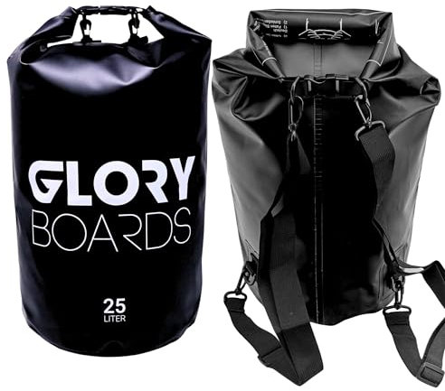 Glory Boards® Wasserdichter Dry Bag Rucksack - Ultra-Robust, leicht für Reisen, Schwimmfähig, mit Schultergurt für Stand up Paddling, Tauchen, Kajak, Rafting und Camping, 25 Liter, Schwarz